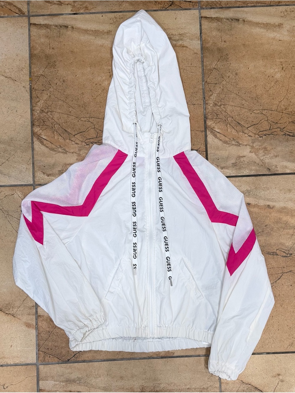 GUESS White Hooded Bomber Jacket with Pink Chevron Accents
